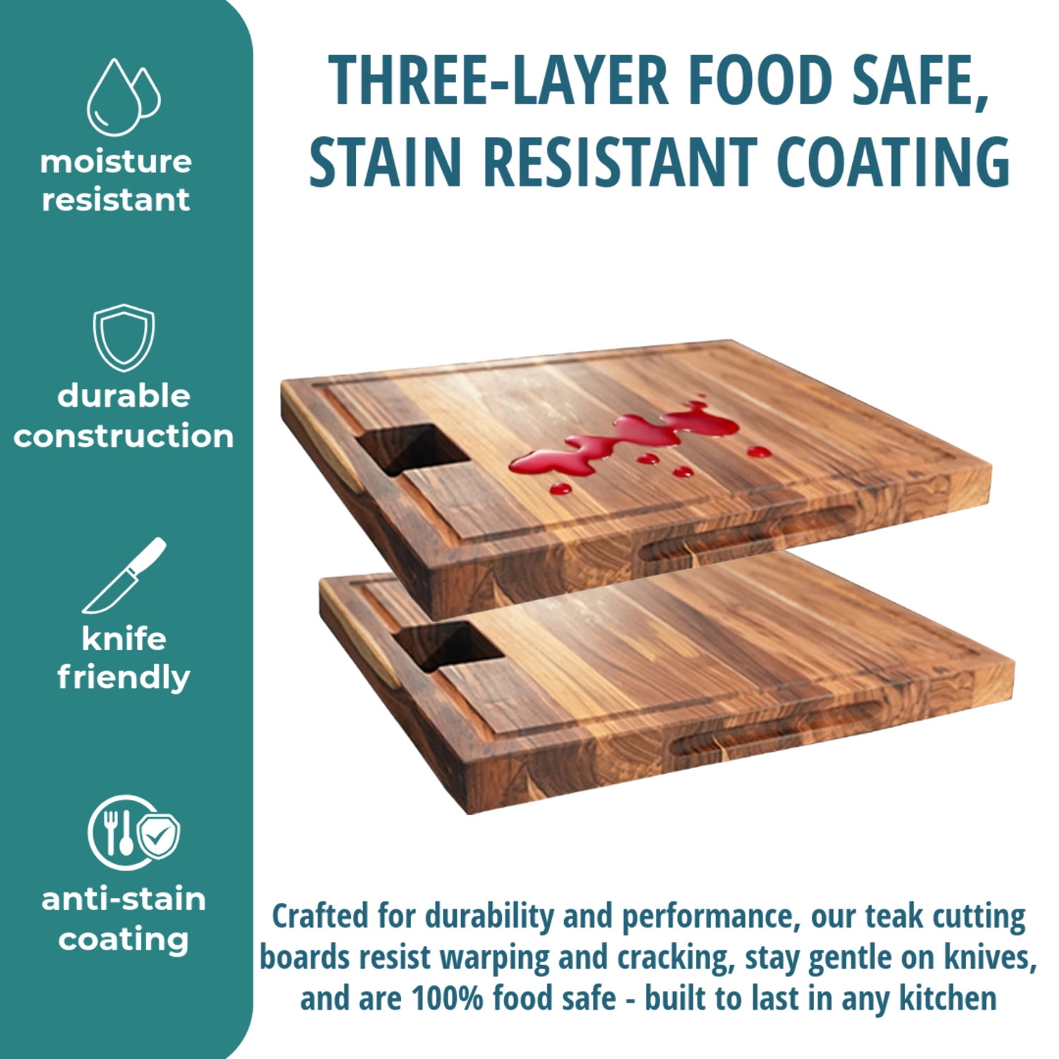 EcoDecors 17" x 18" FSC Teak Edge Grain Cutting Board with Groove  Handle