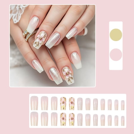 FEOLGEHLY Press on Nails Medium Square Gradient Rhinestone Floral Wearable Fake Nails European American Nail Art Tips with 24 Nail Tabs Jelly Glue and Nail File