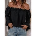 thumbnail image 2 of Women'S Off Shoulder Top Ruffle Long Sleeve Chiffon Blouse Casual Loose Shirts Black XXL, 2 of 8