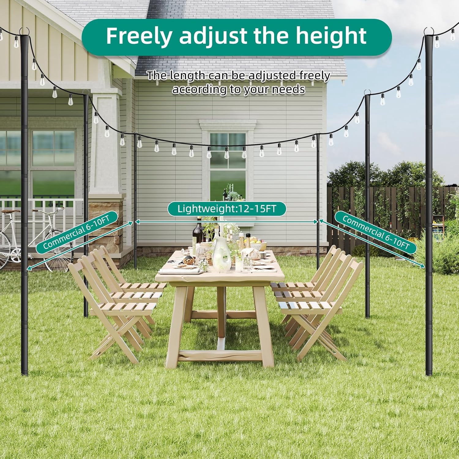 4 Pack String Light Poles, 10Ft Light Poles for Outside, Metal Poles with Fork, Lighting Hanging Post Accessories for Patio Decor Garden Backyard Yard Front Porch Outside Decorations