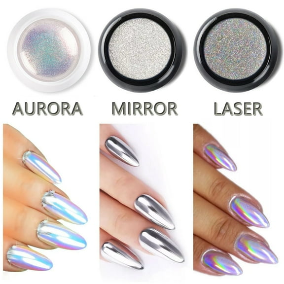3 pcs White Pearl Chrome Nail Powder Laser Nail Glitter,Silver Nail Chrome Powder for Nails,Nail Art Supplies Pigment Powder for Nails