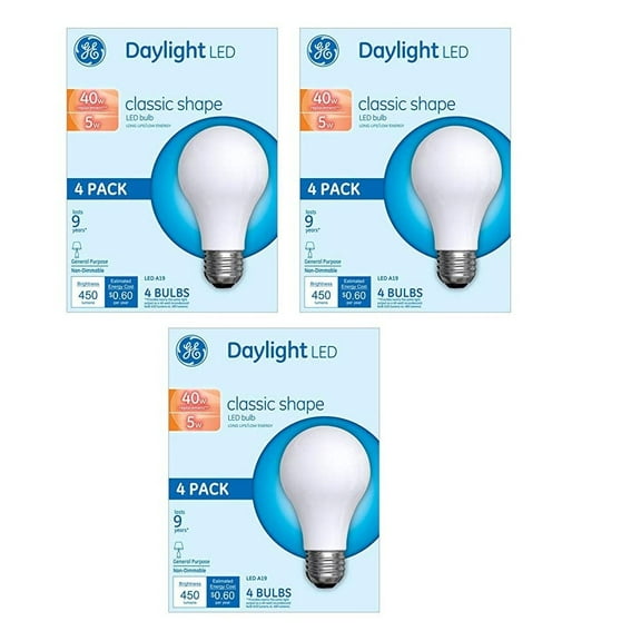(12 bulbs) GE 99183 LED A19 classic shape, Daylight, 40 watt equivalent LED light bulb