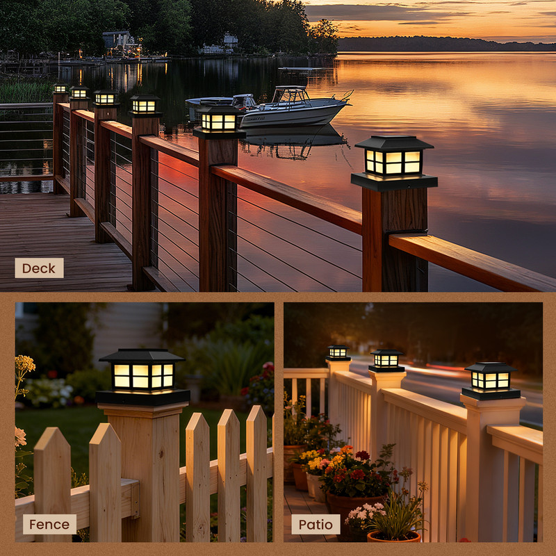 FKHouse 4 Pack Solar Warm White Post Cap Lights, 4x4 5x5 6x6 Fence Deck Post Lights Outdoor, Waterproof for Garden Patio Decor, Black