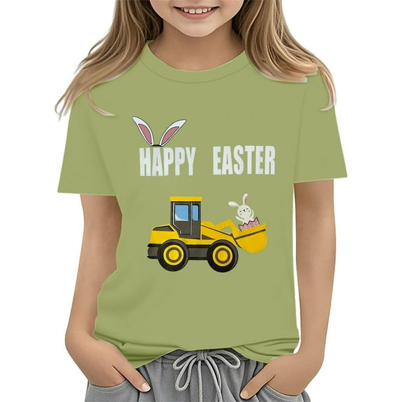 XQYLOS Girls Easter Rabbit T-Shirt Easter Shirts For Toddler Girls Boys Short Sleeve Tractor Bunny Tshirt For Kids Cotton Tee Tops 2-13 Years