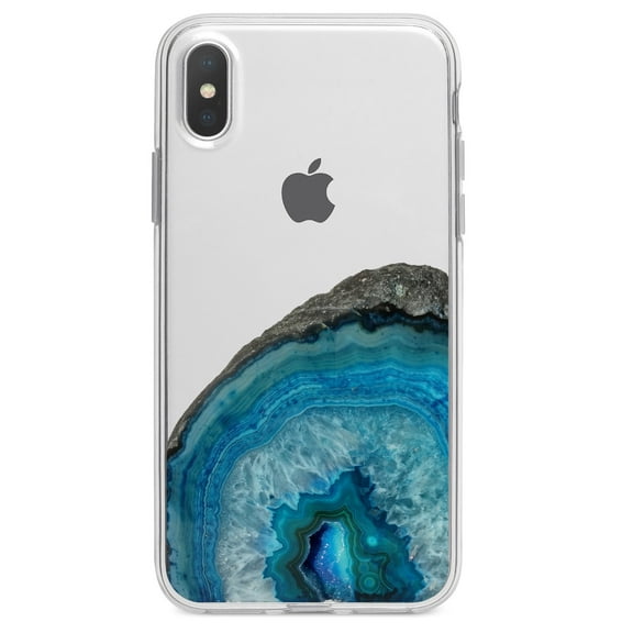 DistinctInk Clear Shockproof Hybrid Case for iPhone XR (6.1" Screen) - TPU Bumper Acrylic Back Tempered Glass Screen Protector - Blue Teal Geode Crystal