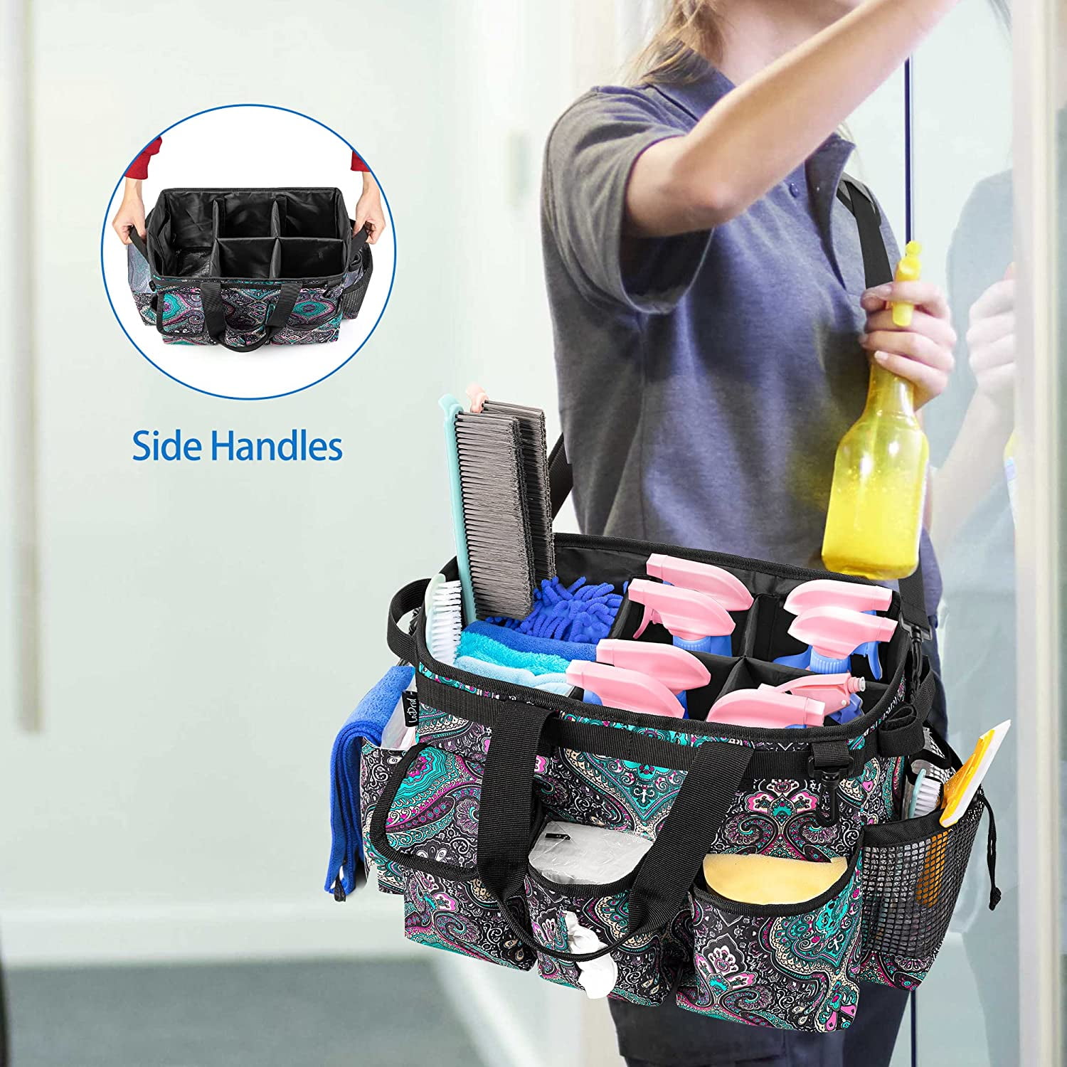 Extra Large Wearable Cleaning Caddy Bag with Handle, Detachable Dividers,  Shoulder and Waist Straps, Cleaner Organizer Tote for Housekeepers,  Cleaning
