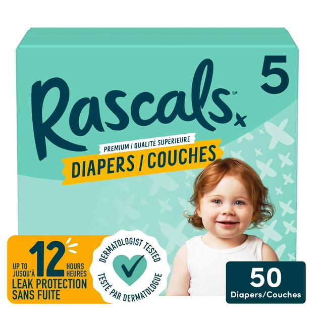Rascals Premium Absorbent Baby Diapers, Size 5, Small Carton, 50 Count