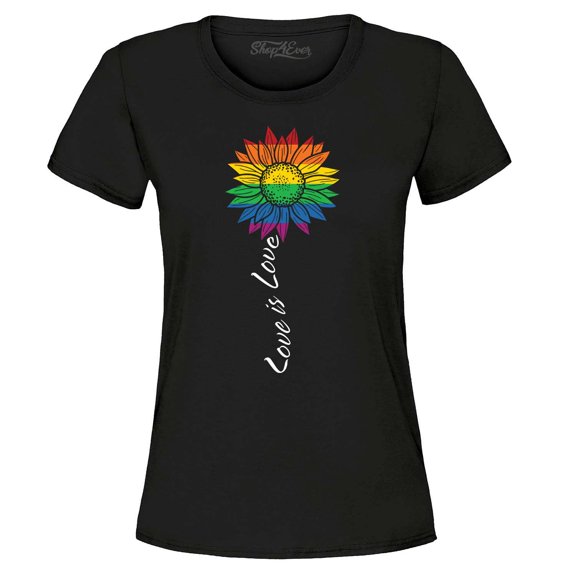Shop4Ever Women's Love is Love Rainbow Flower Gay LGBTQ Pride Graphic T-Shirt Medium Black