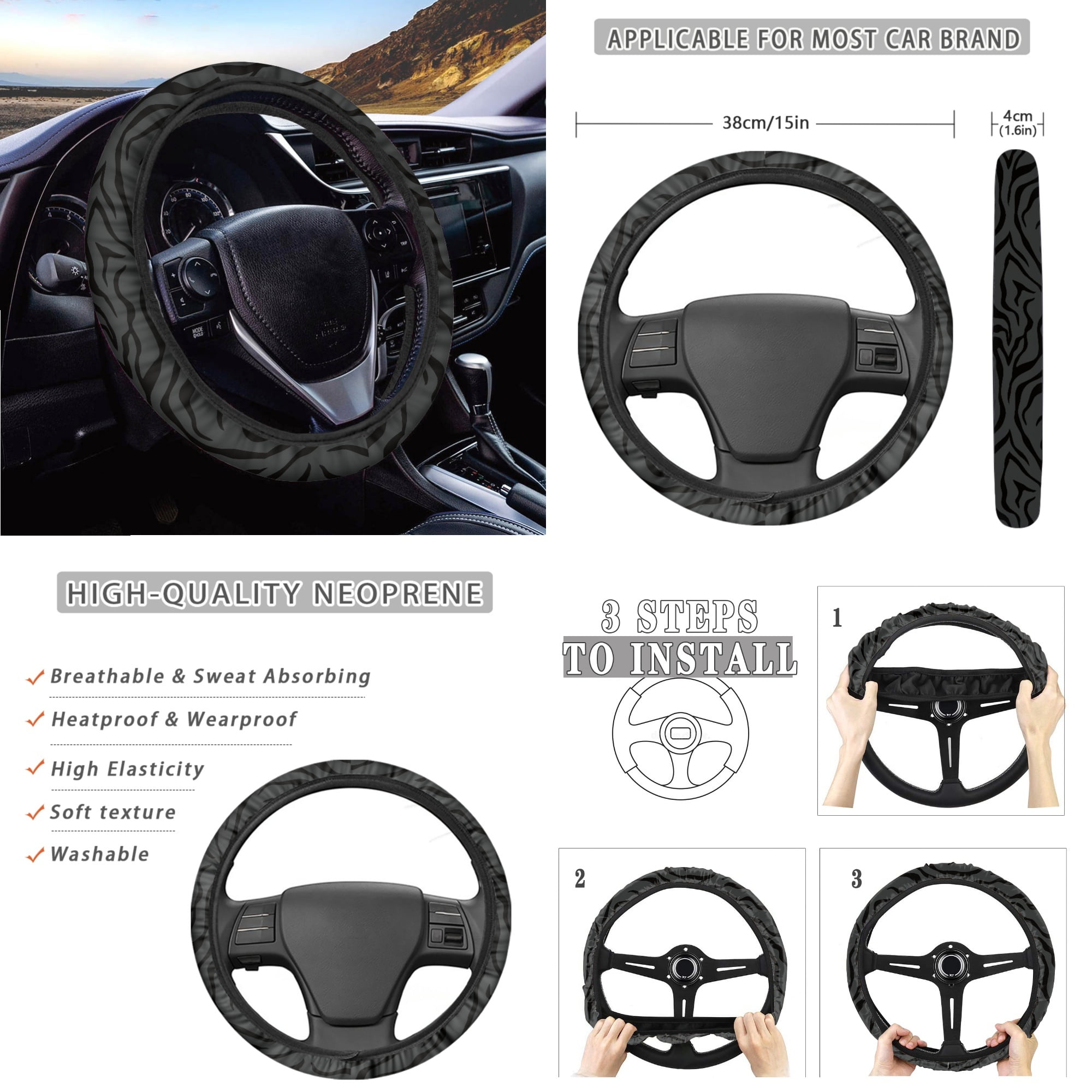 Yuyamidu Zebra Stripe Car Seat Cover Set Black Steering Wheel Cover Seat Belt Strap Cover Garbage Bin Auto Center Console Pad Cover Rearview Mirror Cover Coasters Gear Shift Knob Cover Set, 14 Pack