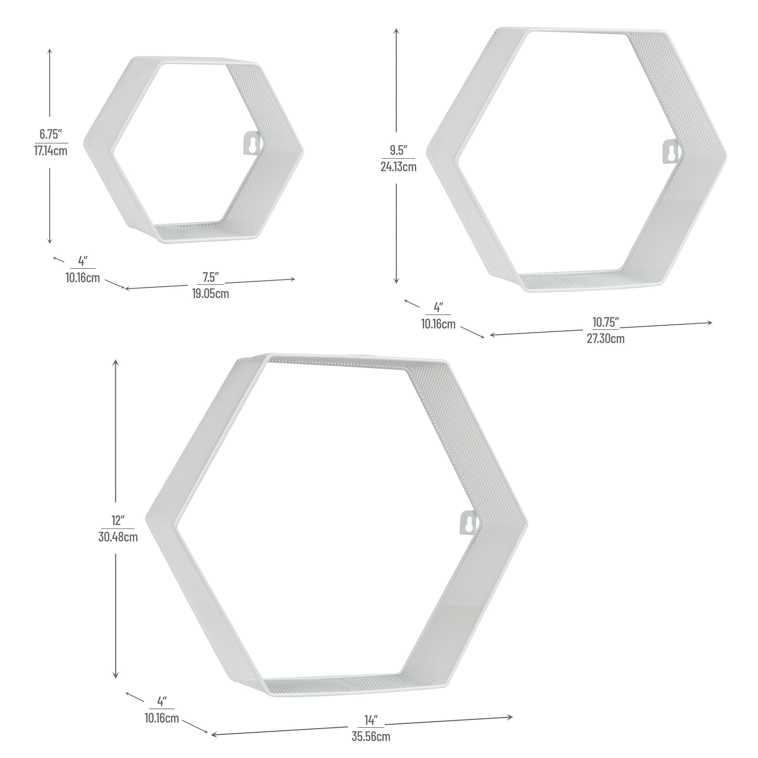 Mind Reader Hexagon Floating Shelves, Wall Decor, Honeycomb Accent Shelf, Office, Metal Mesh, 14"L x 4"W x 12"H, Set of 3, White