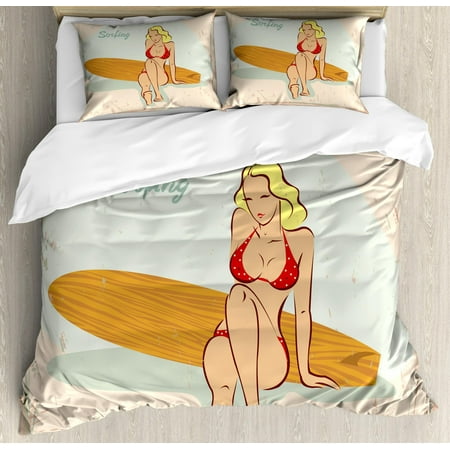 Pin up Girl Queen Size Duvet Cover Set, A Blonde Girl in Polka Dotted Red Bikini and Sitting on a Wooden Surfboard, Decorative 3 Piece Bedding Set with 2 Pillow Shams, Multicolor, by