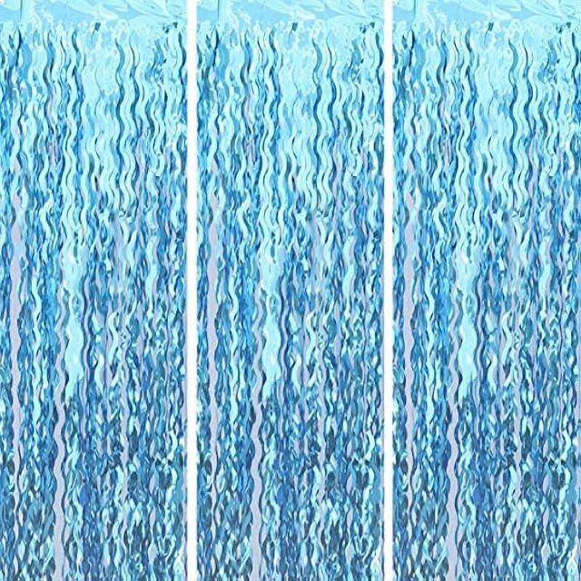 wonima44 cyxevous Wavy Tinsel Foil Fringe Curtain Photo Booth Props for Mermaid Birthday Under The Sea Party Decorations (3 Pack 3.2 ft X 6.6 ft Teal Blue)