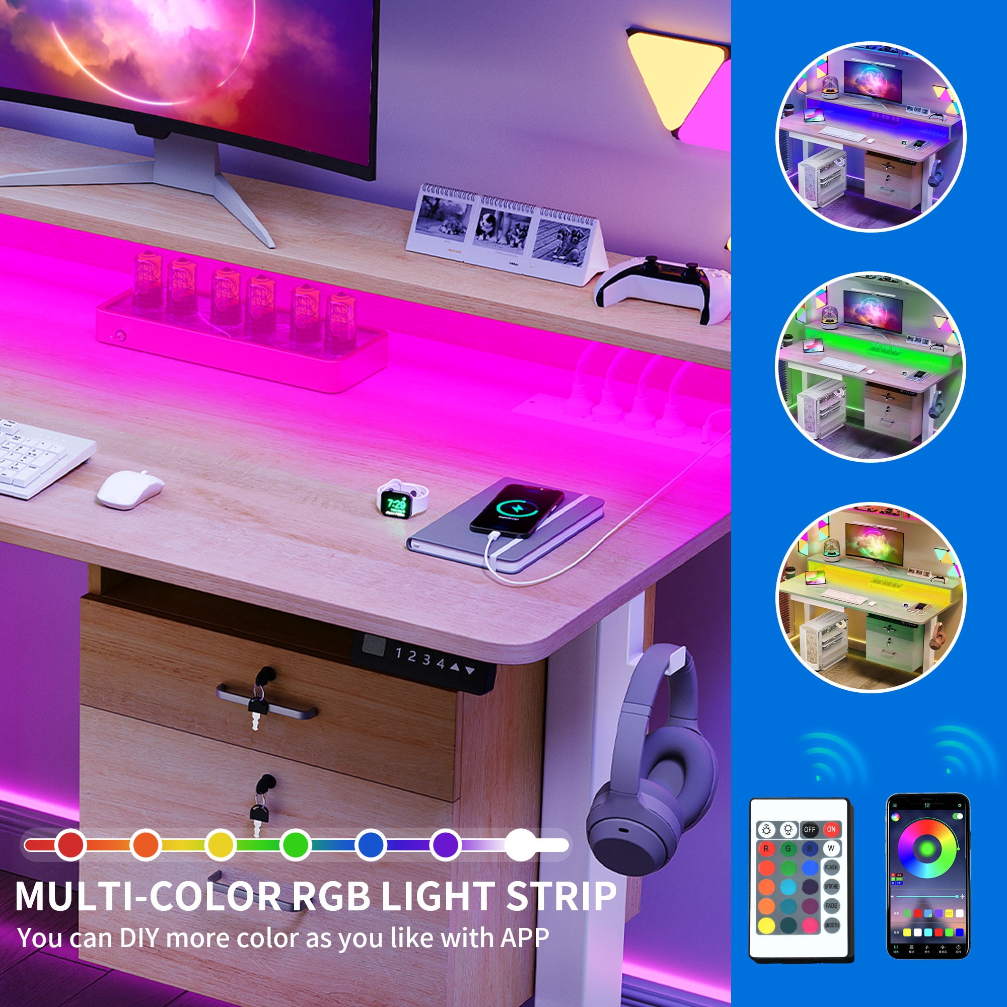 Dextrus 48" x 24" Height Adjustable Standing Desk with Monitor Stand & LED Light , Electric Stand up Table with Drawers & Power Outlets, Oak