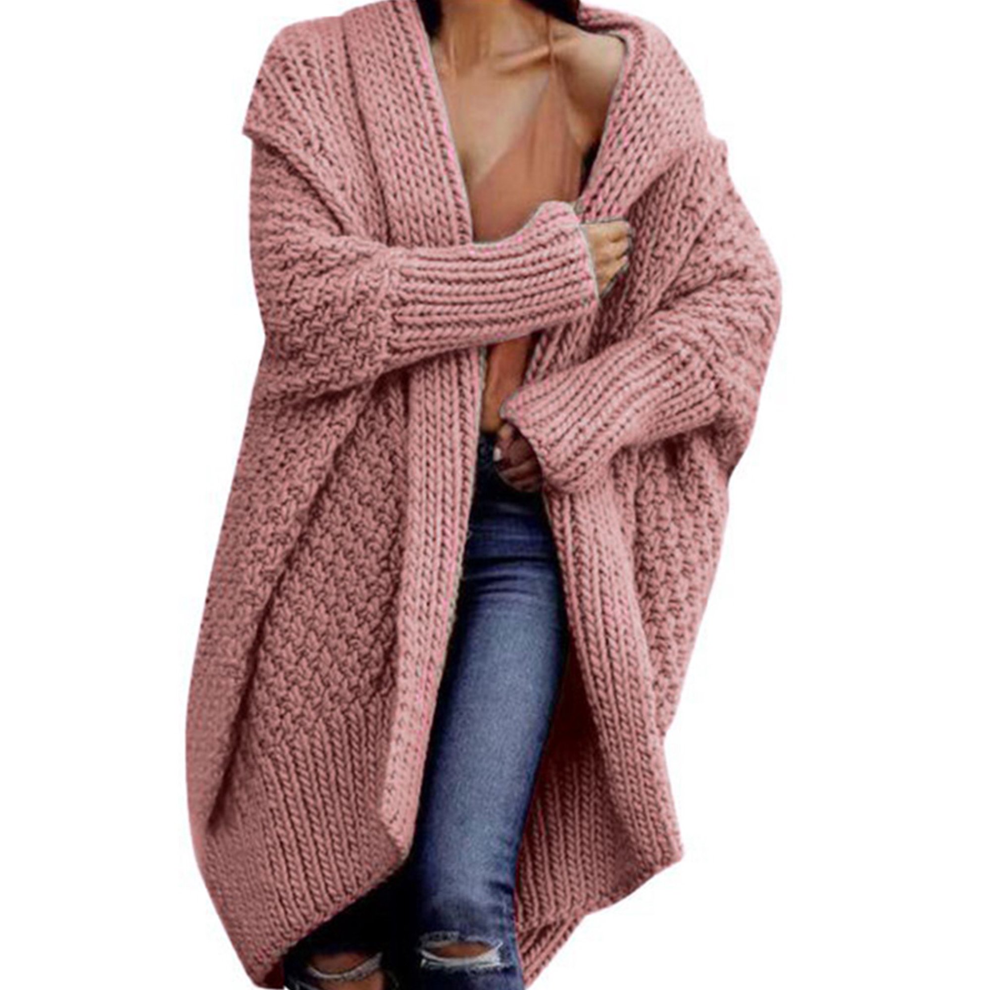 LUXUR Ladies Coat Cable Knit Cardigan Sweater Long Sleeve Jacket Casual  Outwear Open Front Knitted Sweaters Pink L | Walmart Canada