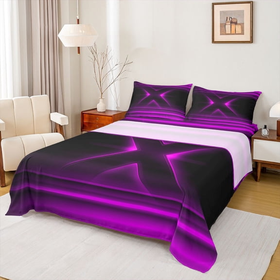 jejeloiu Neon Geometric Design Bed Sheets For Kids,Black Purple Print King Sheets,4pcs