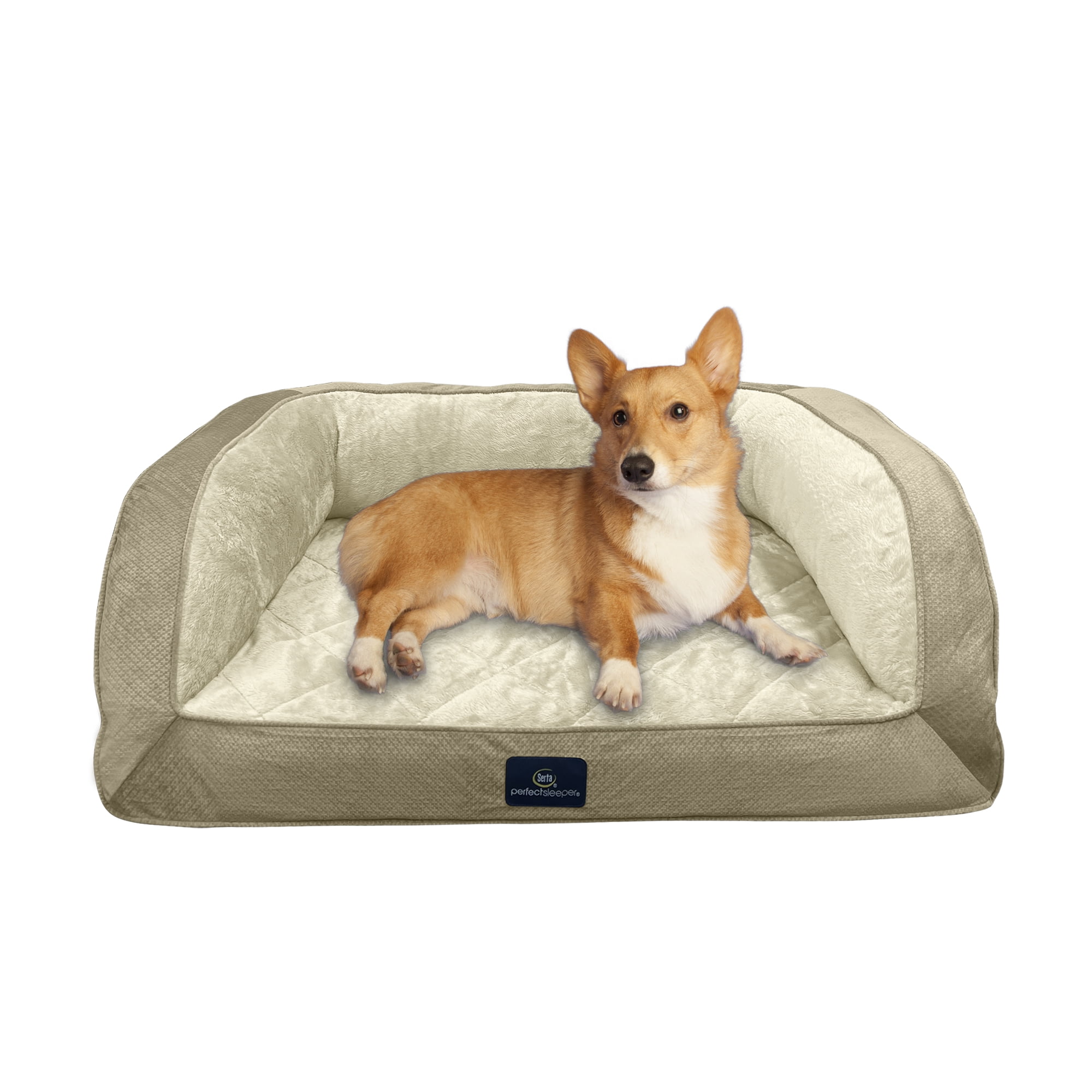 Serta Quilted Orthopedic Bolster Couch Cat & Dog Bed, Tan, Large