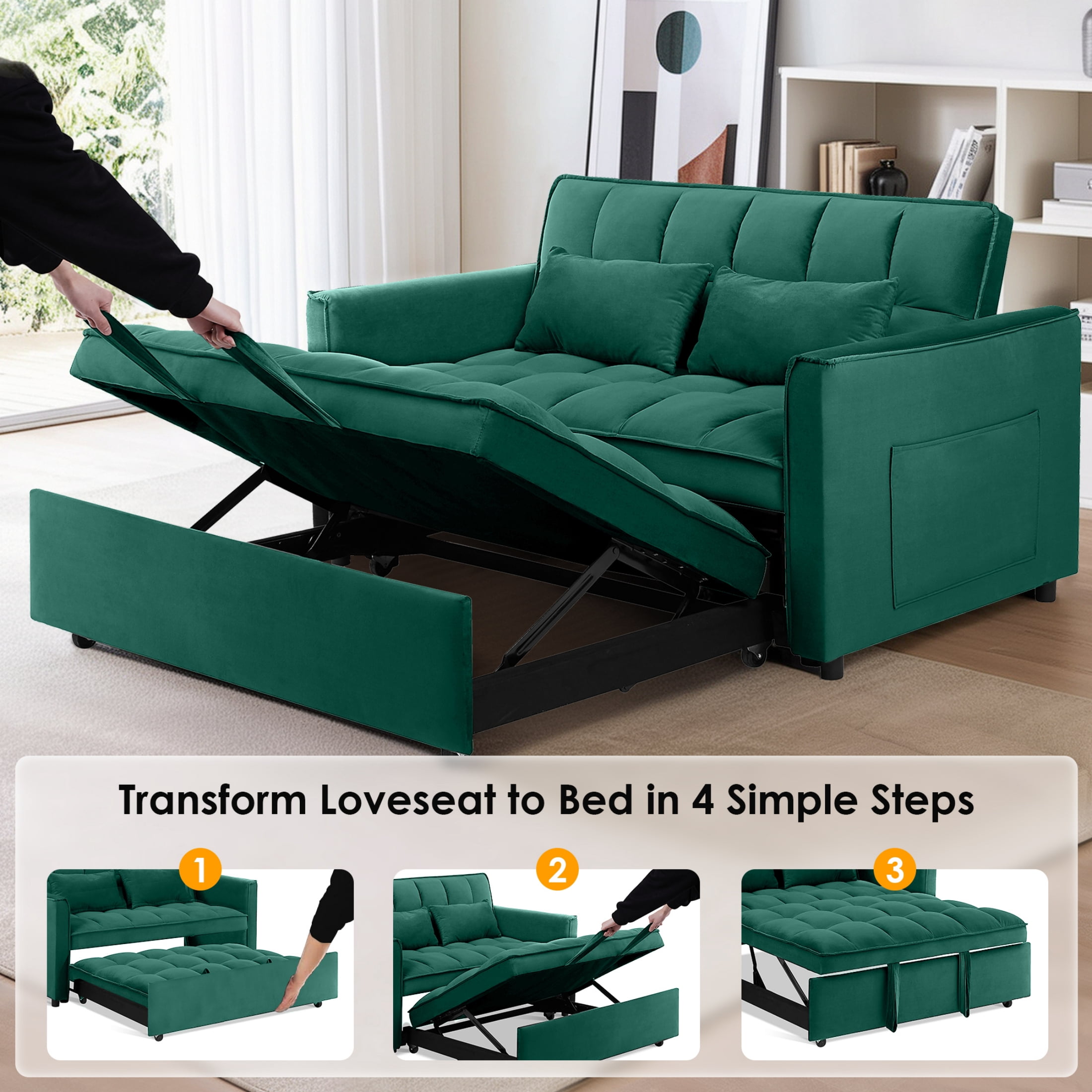 Anpport 3-in-1 Convertible Sleeper Sofa Bed, Pull-Out Loveseat Couch with Adjustable Back, Velvet Fabric, 55",Green