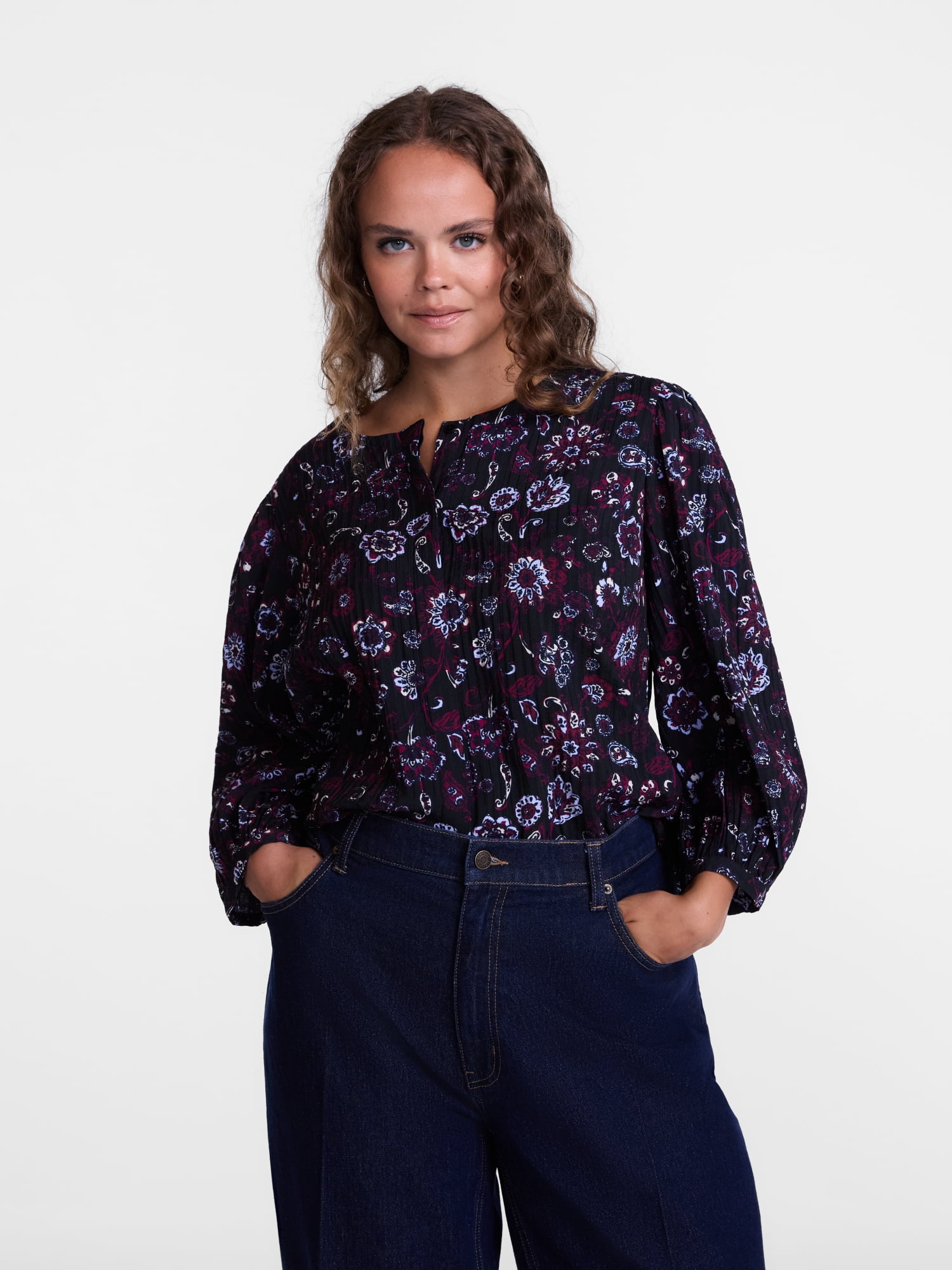 Scenario Women's and Women's Plus Blouse with 3/4-Length Puff Sleeves, Sizes XS-4X