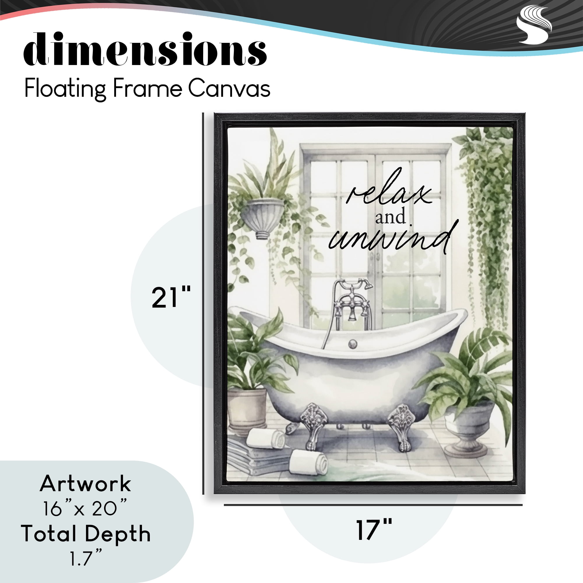 Relax Unwind Bath & Foliage Black Framed Floater Canvas Wall Art, design by Lettered and Lined