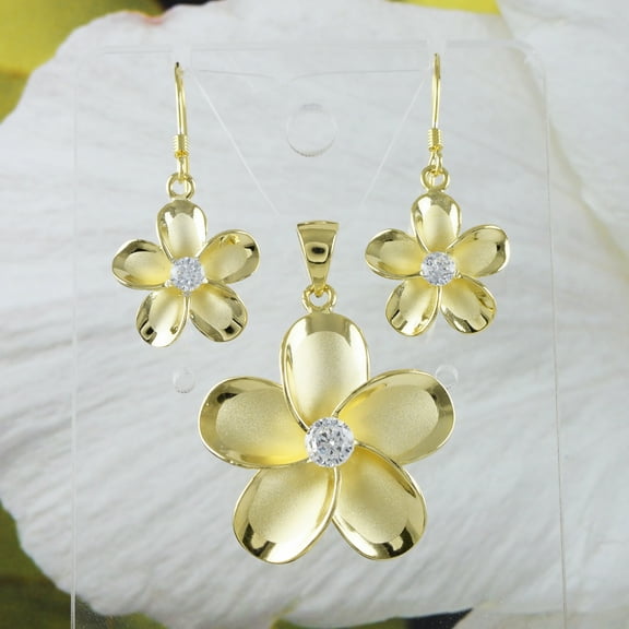 Beautiful Hawaiian Large Plumeria Earring and Necklace, Sterling Silver Yellow-Gold Plated Plumeria Flower CZ Pendant, N8856SH Birthday Gift