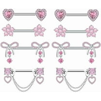 4 Pairs Pink Crystal Nipple Rings for Women 14G Dangle Heart Drop Nipplerings Flower Bow Barbell Nipple Shield Flower Piercing Body Jewelry