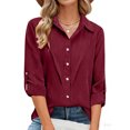 thumbnail image 5 of Otntypg Womens Button Down Linen Shirts Casual V Neck Rolled Up Long Sleeve Tops Elegant Dressy Blouses Business Casual Outfits Red#01 XXXL, 5 of 8