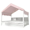 thumbnail image 5 of Harper & Bright Designs Full Size Floor Bed with LED Light, Wooden House-Shaped Floor Bed with Storage Bookshelves Fense and Curtain for Boys Girls, White+Pink, 5 of 13