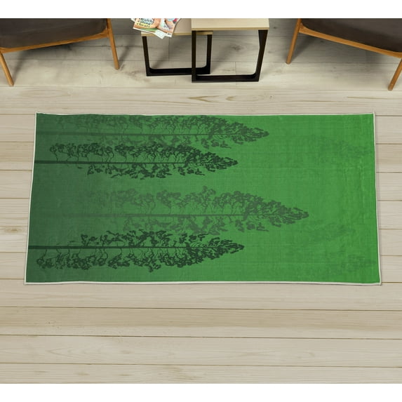 Country Decorative Rug, Pine Trees in the Forest on Foggy Seem Ombre Backdrop Wildlife Adventure Art, Quality Carpet for Bedroom Dorm and Living Room, 6 Sizes, Lime Green, by Ambesonne