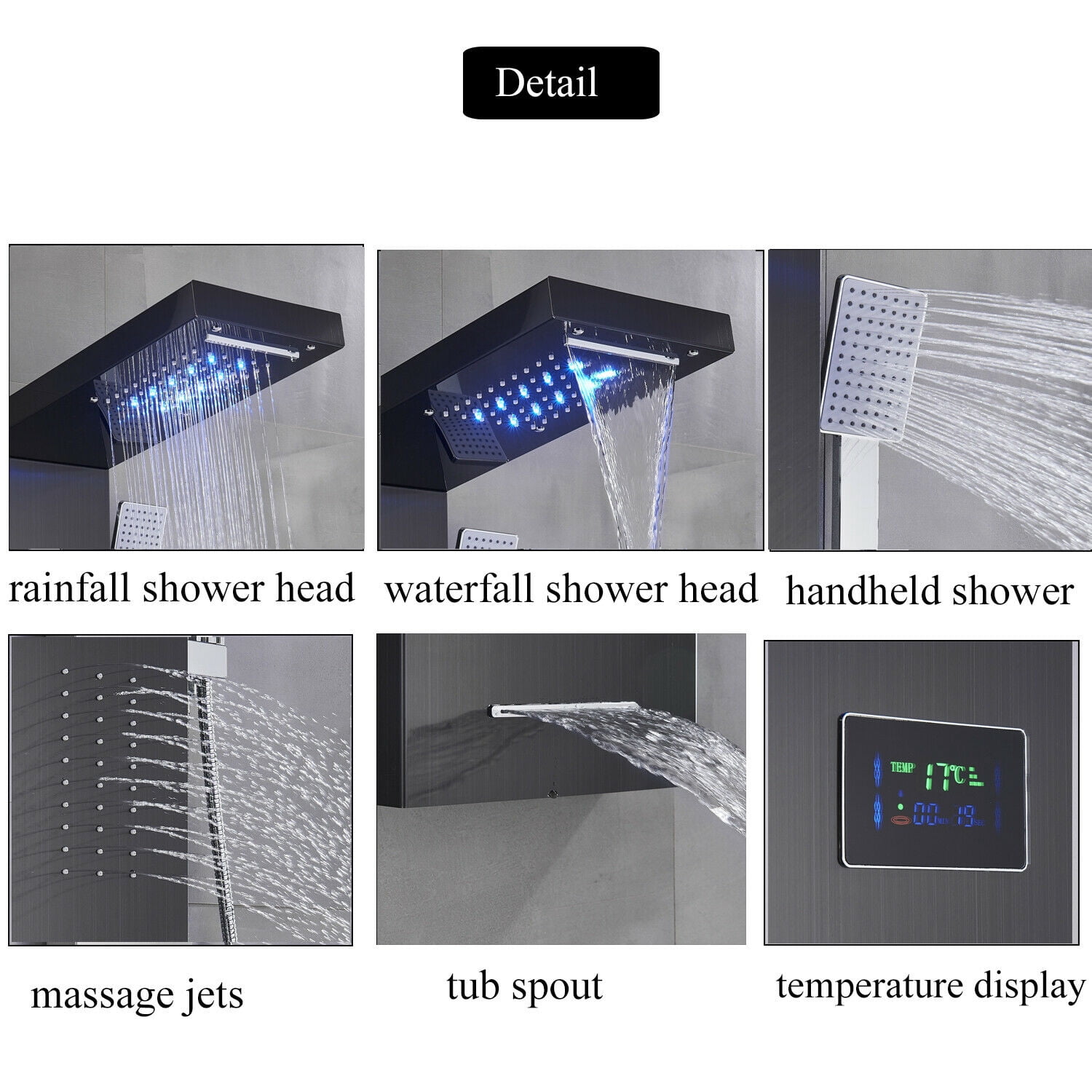 Black LED Shower Panel Tower System Rain&Waterfall Massage Jets Stainless Steel