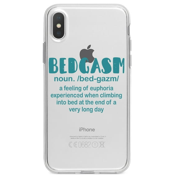 DistinctInk Clear Shockproof Hybrid Case for iPhone X / XS (5.8" Screen) - TPU Bumper Acrylic Back Tempered Glass Screen Protector - Bedgasm Definition Climb in Bed Lon Day