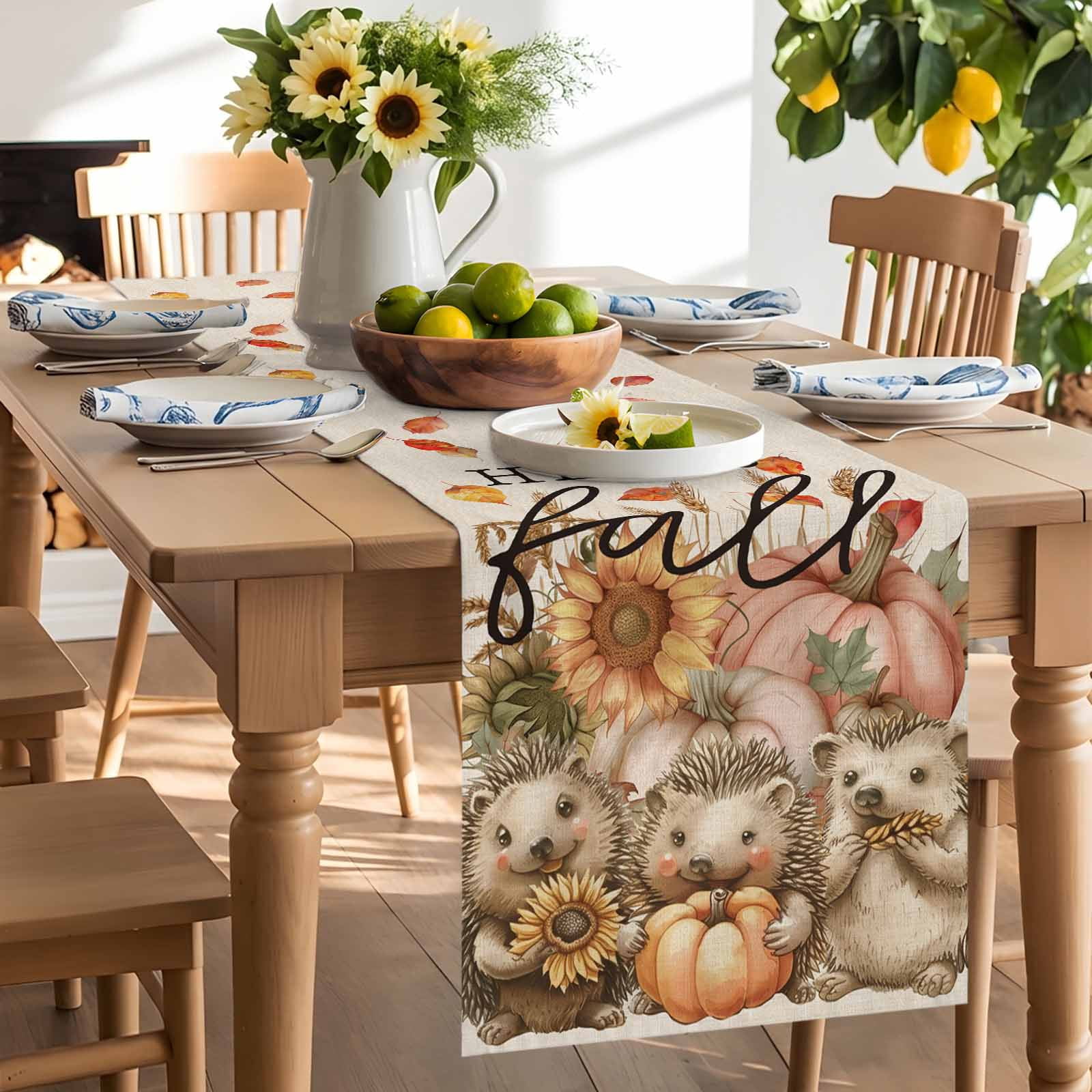 Fall Thanksgiving Hedgehog Pumpkin Table Runner 90 Inches Long, Sunflower Leaves on Flax Table Runners Tabletop Scarf Kitchen Dining Tables Decoration for Home Party Indoor Outdoor