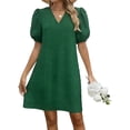 thumbnail image 2 of Gamivast Little Dress for Women Short Puff Sleeve V-Neck Jacquard Textured Tunic Dress Loose Fit Solid Short Dress Casual Daily Work Office Date, 2 of 8