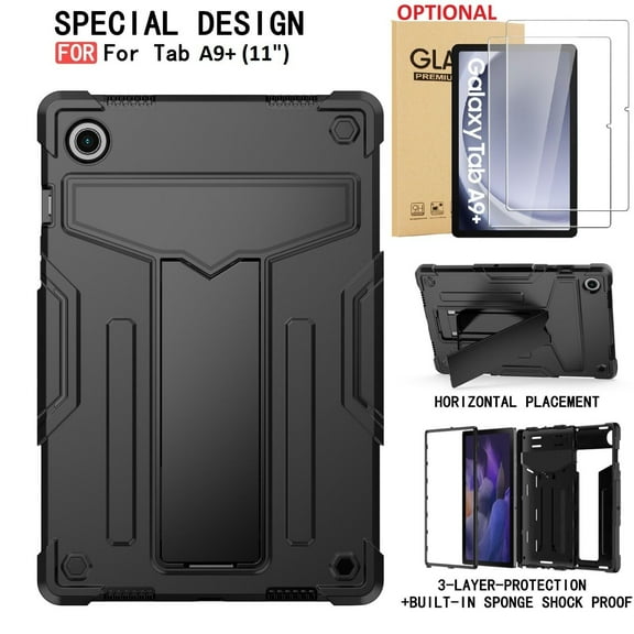 zukof Case for Samsung Galaxy Tab A9 /A9 Plus 11" 2023 (SM-X210/X216/X218) Tablet, Heavy Duty Hybrid Rugged Shockproof Protective Kickstand Cover Case with Glass Screen Protectors (Black/Black)