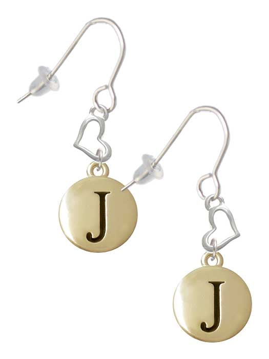 Goldtone Capital Letter - J - Pebble Disc - Heart French Earrings 