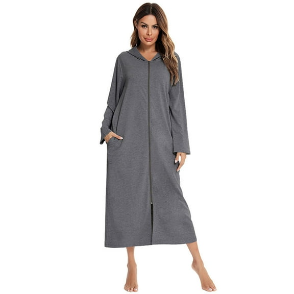 QIUOMBBP Zipper Robe for Women Hooded Long Sleeve Bathrobe Full Length Sleepwear Dress with Pockets Casual Loose House Dresses Dark Gray M