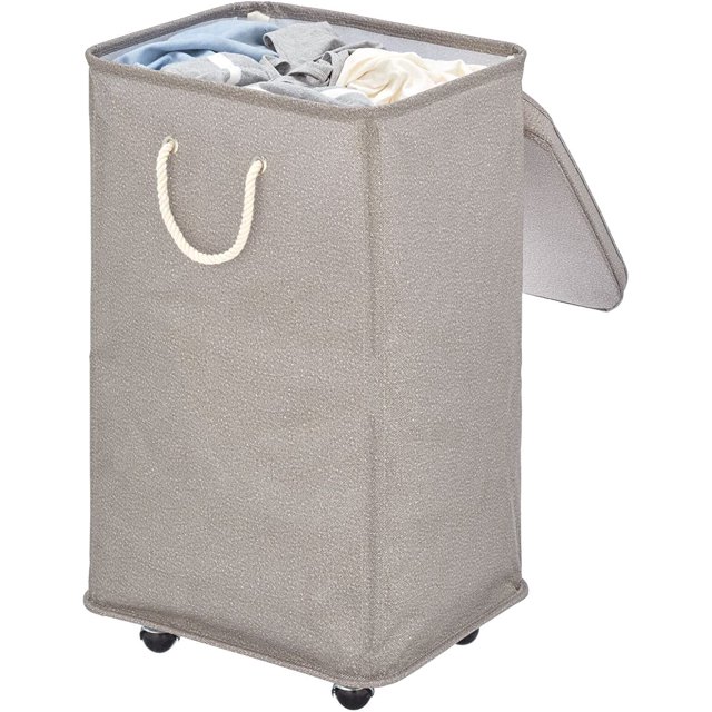 Grand Panier à Linge Roulant en Polyester avec Roues, Couvercle Amovible et Poignées de Transport en Corde - Paniers Pliables avec Roues pour Rangement Compact - Panier à Compartiment Unique Haut - Taupe