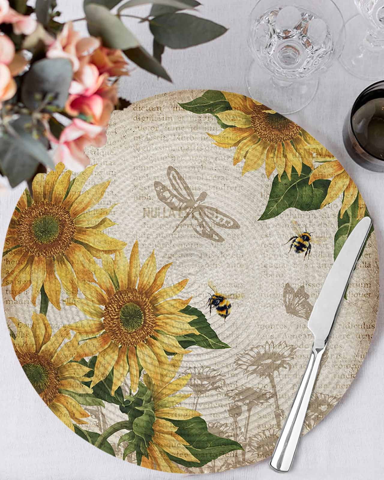 Yellow Farmhouse Sunflowers Round Table Placemats set of 6, Leaves Bee Butterfly Washable Woven Place Mats for Dining Tables Kitchen Party Decor,Heat Proof, 13in,