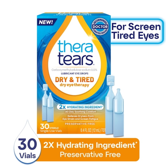 TheraTears Dry & Tired Preservative-Free Eye Drops for Dry Eye Relief, 30 Single-Use Vials