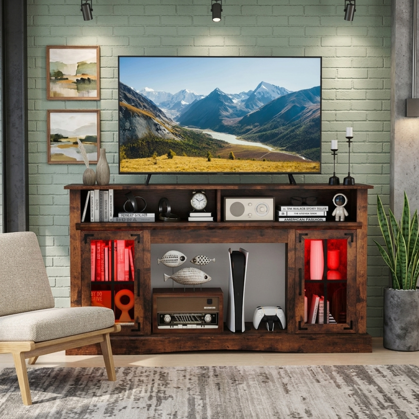 Furnibear 58 Inch TV Stand Entertainment Center with LED Lights and Remote Control Adjustable Shelf and Storage for Living Room, Rustic Brown