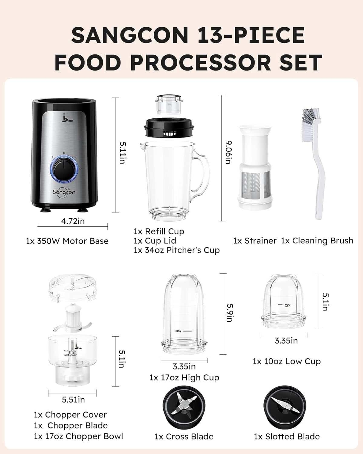 5-in-1 Blender and Food Processor Combo with 350W Motor, 4 Cups & 3 Blades for Meat, Smoothies, Shakes