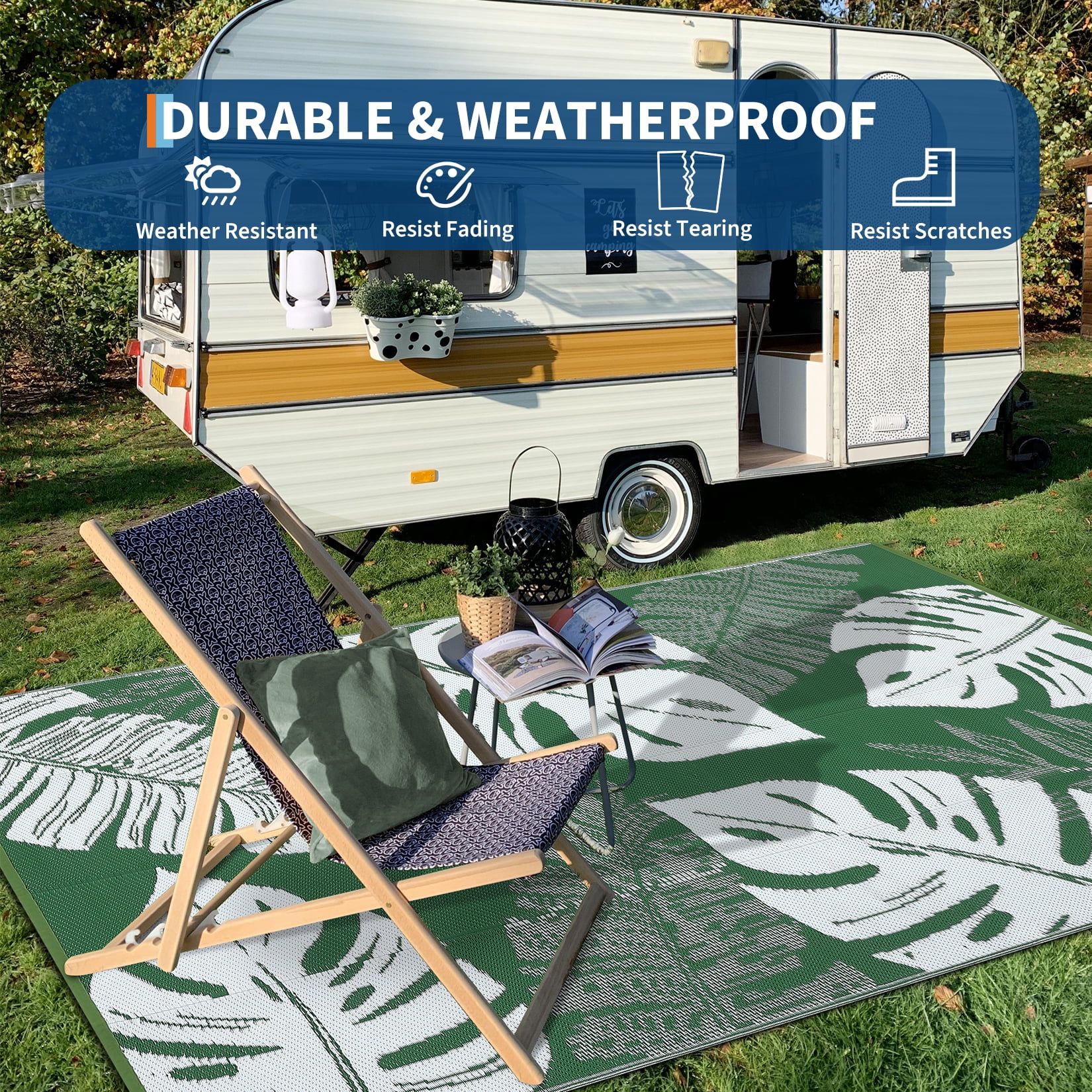 Hasoo 9' x 12' Green/White Outdoor Rug Plastic Straw Rug Bohemia Carpet Waterproof PP Tube Woven Portable Mat for Patio Decor, Balcony, Picnic