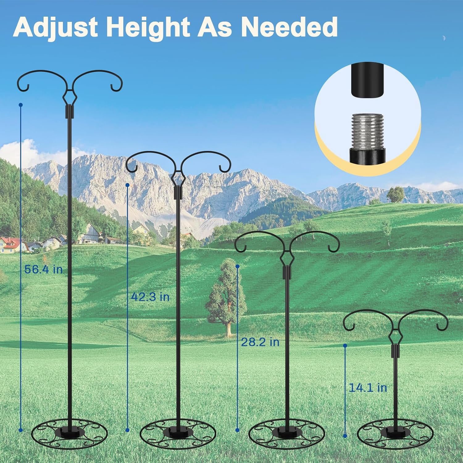 62.6 Inch Shepherds Hooks for Outdoor, Adjustbale Double Shepherds Hooks Hummingbird Feeder Stand Bird Feeder Pole Wind Chime Stand with Round Base, 4 Prongs Base and Water Weight Bag
