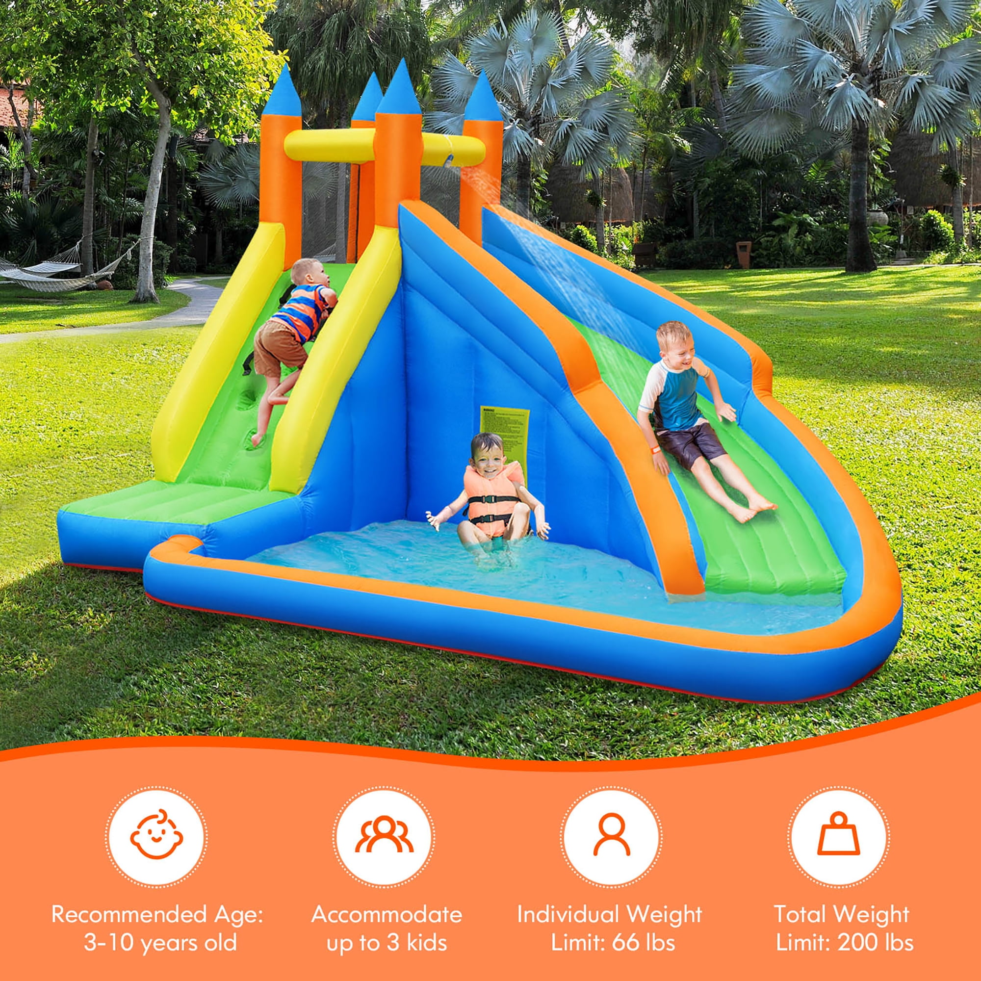 Goplus Inflatable Water Slide Mighty Bounce House Castle Moonwalk Splash Pool with 735W Blower