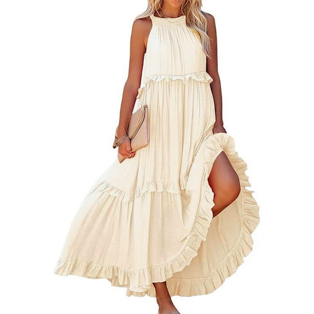 WILLBEST Vestidos Floreados para Mujer, Vestidos Largos de Verano para Mujer 2024, Vestido Maxi sin Mangas, Vestido Casual Fluido con Volantes de Verano Extra Grande