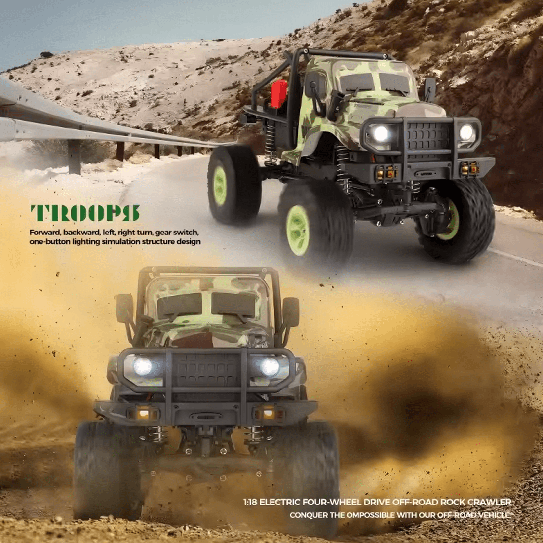 1:18 4WD RC Off-Road Rock Crawler, High-Torque Climbing Truck with LED Lights, 7.4V Rechargeable Battery, 2.4GHz Remote Control & All-Terrain Tires Hobby-Grade RC Car for Adults