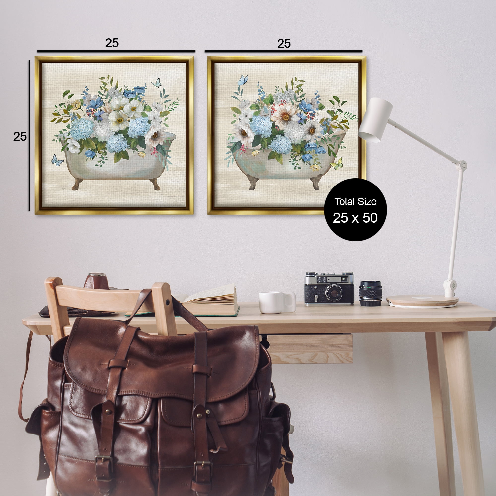 Stupell Industries Butterfly Hydrangea Bathtub Bath & Laundry Painting Gold Floater Framed Canvas Art Print Wall Art, 25 x 25, Set of 2