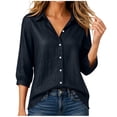 thumbnail image 4 of Qulqfy Womens Blouse Solid Dressy Fall Cotton 3/4 Sleeve Tunic Pleat Collared Vintage Navy Button Up Tops for Women S, 4 of 6