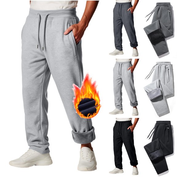 Mens Wide Leg Sweatpants Fleece Drawstring Elastic Waist Joggers with Zip Pockets Warm Winter Solid Color Workout Casual Lounge Pants