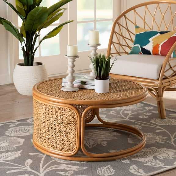 bali & pari Eldon Boho Coffee Table, Handwoven Natural Rattan, Honey