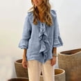 thumbnail image 2 of vdgthytj Women Solid Casual Blouse Long Bell Sleeve Button Front V Neck Floral Ruffle Shirt Fashion Plus Size Tunic Top, 2 of 7
